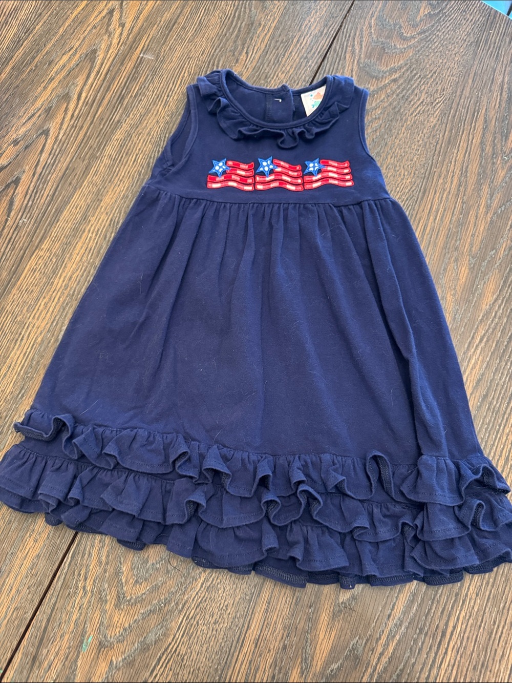 Stitchy Fish Girls 5 Navy Ruffle Flag Dress